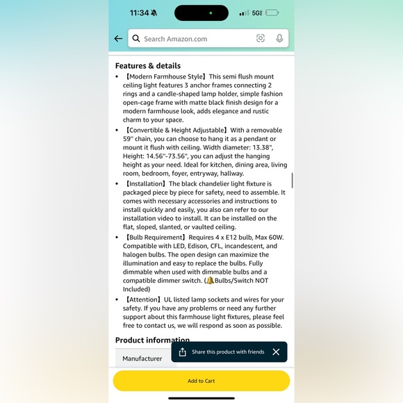 Farmhouse Antique Style Light Home Decor Kitchen Bathroom Light Black New Unused - Picture 11 of 11